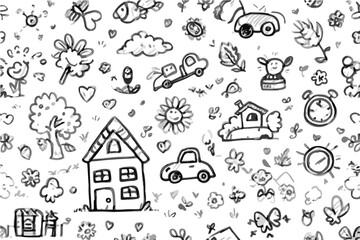 Uroczy, ręcznie rysowany wz&oacute;r doodle z domkami, samochodami i kwiatami na białym tle, idealny do projekt&oacute;w dziecięcych.