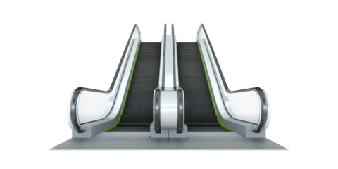 A Modern Double Escalator System with Up and Down Moving Stairs Featuring Metallic Handrails and Green Lighting Isolated on a Transparent Background.