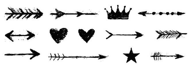 Zestaw ręcznie rysowanych, czarnych symboli graficznych: strzałki, serca, korona i gwiazda na tle przezroczystym.