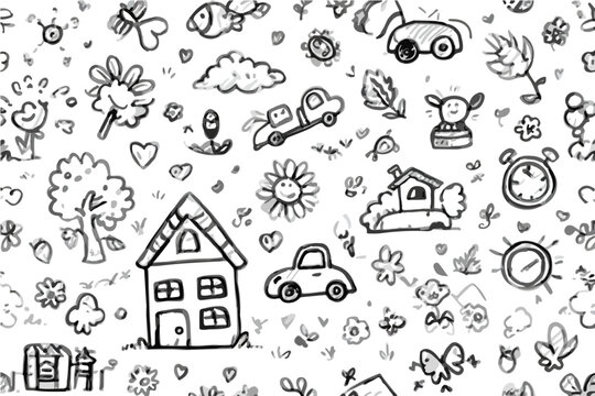 Uroczy, ręcznie rysowany wz&oacute;r doodle z domkami, samochodami i kwiatami na białym tle, idealny do projekt&oacute;w dziecięcych.