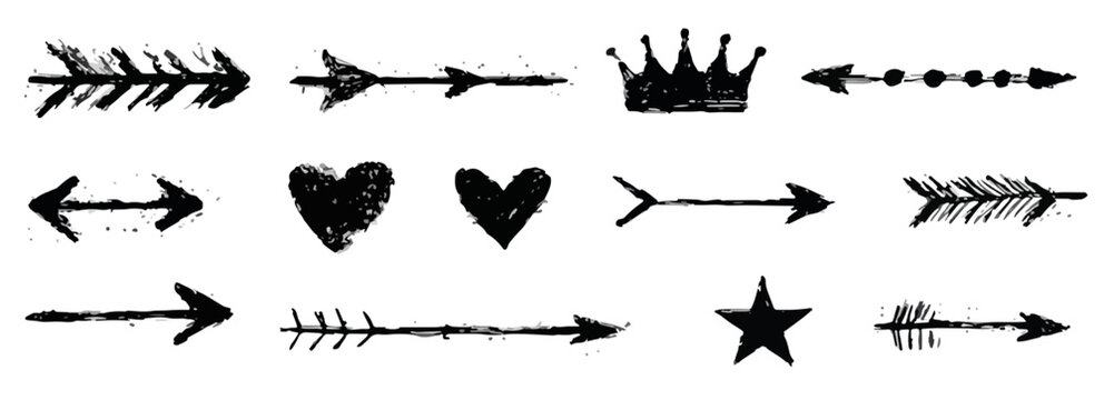 Zestaw ręcznie rysowanych, czarnych symboli graficznych: strzałki, serca, korona i gwiazda na tle przezroczystym.