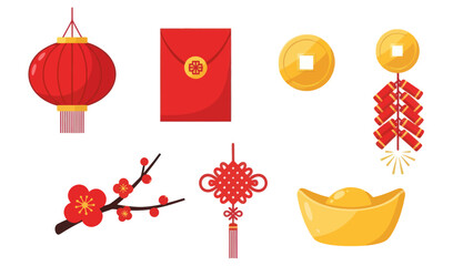 Chinese New Year Symbols: Lantern, Red Envelope, Coins, Firecrackers, Plum Blossom, Knot