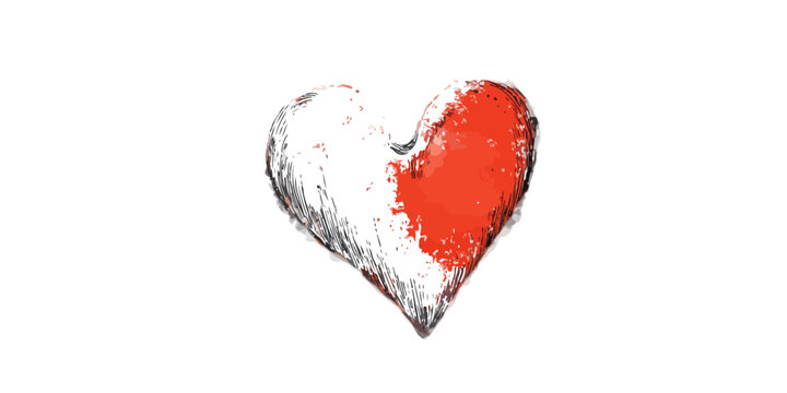 Ręcznie rysowane serce z czerwonym i białym wypełnieniem na przezroczystym tle, symbol miłości i uczuć.