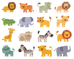 Obraz premium Set di adorabili illustrazioni vettoriali di animali della savana africana, stile cartone animato su sfondo trasparente.