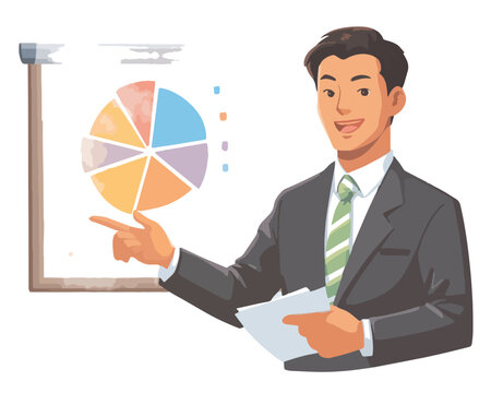 Uśmiechnięty biznesmen wskazuje na kolorowy wykres kołowy prezentujący dane statystyczne na białym tle.