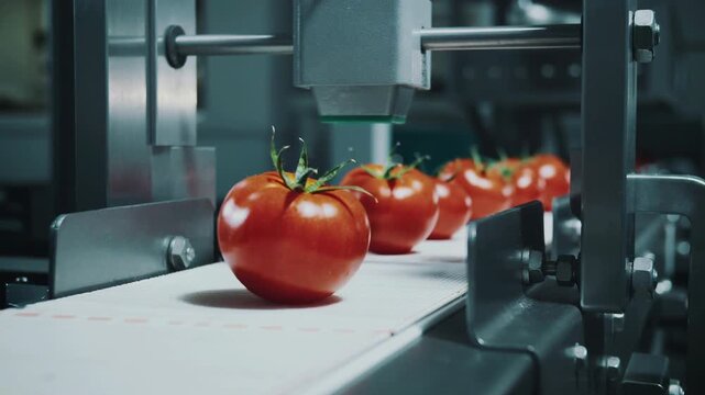 Red tomatoes moving on a conveyor belt in a food processing factory, automated quality control and sorting for industrial agriculture and vegetable production