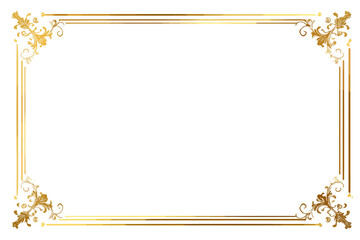 Cornice rettangolare decorativa dorata con angoli ornamentali su sfondo bianco trasparente, ideale per certificati.
