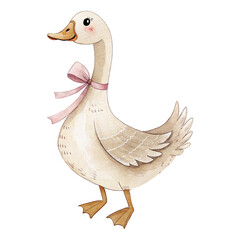 Watercolor illustration of a cute white goose wearing a pink ribbon bow, isolated on white background. Adorable farm bird character for nursery design © ThemeRage