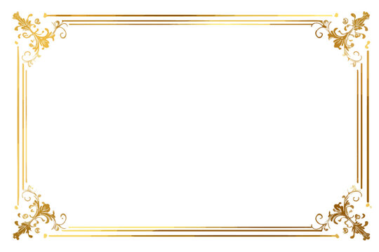 Cornice rettangolare decorativa dorata con angoli ornamentali su sfondo bianco trasparente, ideale per certificati.