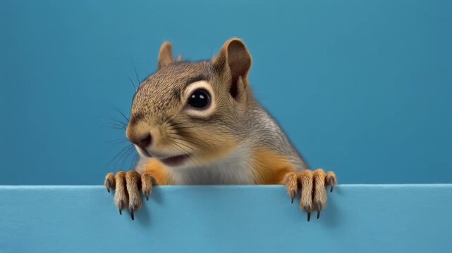 Surprised squirrel, sciurus, cautiously peeks around a corner, against a blue background,