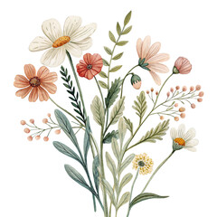Watercolor illustration of a beautiful wild flower bouquet with daisies and green leaves, isolated on white background. Gentle floral composition for design © ThemeRage