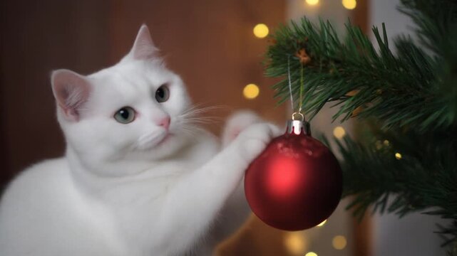 White cat playing with red Christmas tree ornament. Holiday pet fun concept. Adorable animal.
