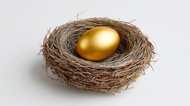 Bird's nest with a single glowing golden egg at the center, surrounded by twigs and grass, placed on a pure white background with high contrast and clean composition, ideal for editorial use