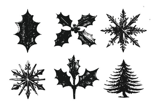Set di sei elementi natalizi disegnati a mano in stile vintage bianco e nero con sfondo trasparente.