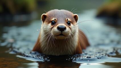 An otter emerges from the calm river water with its fur sleek and whiskers twitching slowly in the serene natural environment.