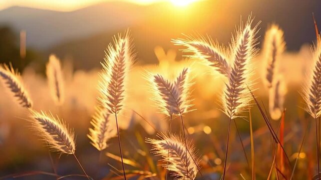 Golden wheat field at sunset landscape.