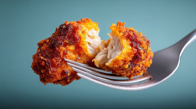 Crumbed spiced boneless chicken wing on a fork, showcasing a crispy exterior and tender interior, with a soft blue background enhancing the vibrant colors and textures of the dish
