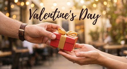 Valentine's Day Gift Giving Concept, Close Up Hands Exchanging Red Present Box with Gold Ribbon
​Romantic Couple Hands Holding Red Gift Box with Valentine's Day Text and Bokeh Background
​Man Giving V