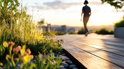 Employee enjoying a relaxing walk on a rooftop garden during a work break with city views and headphones on