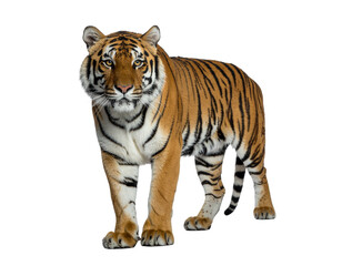 Tiger in mid-stride with amber fur and bold black stripes walking forward