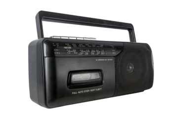 Vintage retro portable radio cassette recorder isolated on white background. Wide angle image