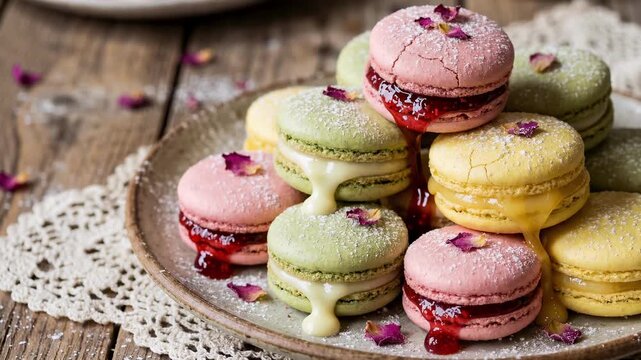 Close up view of delicate French macaron cookies with sweet creamy filling oozing slightly dessert and pastry concept 4k video footage