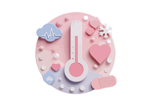 Illustrazione 3D stilizzata di termometro rosa e icone mediche per la salute e la temperatura corporea.