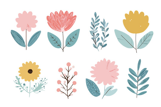 Set di illustrazioni vettoriali di fiori stilizzati e foglie botaniche con sfondo trasparente.
