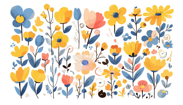 Illustrazione vettoriale di fiori stilizzati gialli e blu con sfondo trasparente per design primaverile.
