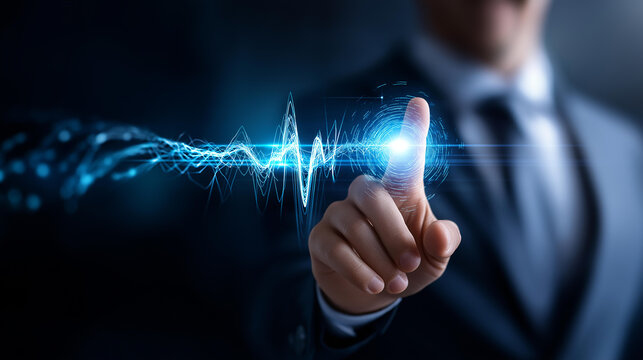 Faceless businessperson using AI virtual assistant with voice waveform interface, artificial intelligence support concept, voice bot, smart customer service automation, with copy space - Powered by Adobe