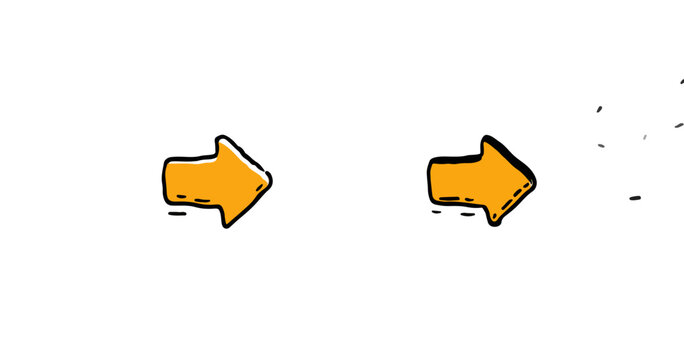 Due frecce arancioni disegnate a mano, stile cartone animato, su sfondo trasparente che indicano la direzione destra.