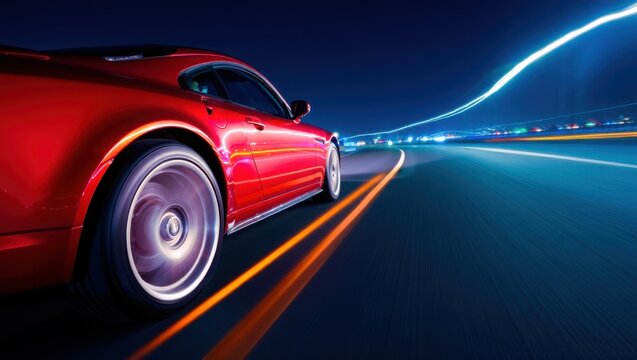 Red sports car speeding on a dark road at night with blurred lights