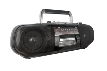 Vintage retro portable radio cassette recorder isolated on white background. Wide angle image