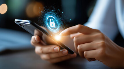 Close up faceless hand using smartphone with digital secure payment icon, online transaction concept, mobile banking, e-commerce shopping, financial technology verification system, with copy space