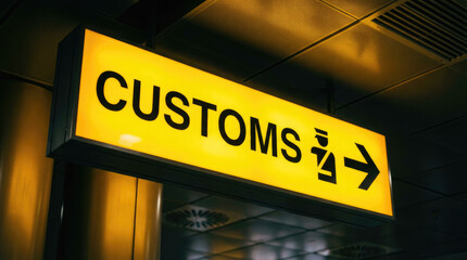 Obraz premium Customs sign with an arrow pointing to the right on a yellow rectangular board, possibly at an airport or border crossing area