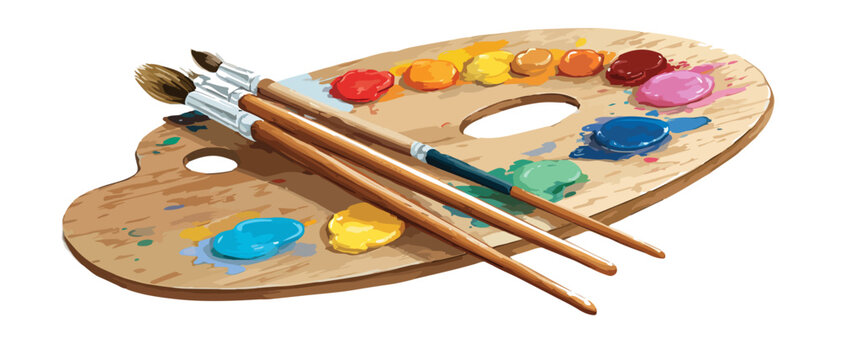 Tavolozza di legno con colori ad olio e pennelli per pittura artistica su sfondo bianco trasparente.