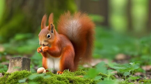 Cute red squirrel, sciurus vulgaris, eating a nut in green spring forest with copy space.