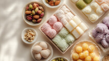 Variety of sweets and nuts arranged on a table pastries desserts table setting