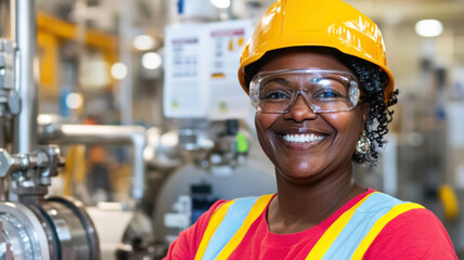 Confident factory worker wearing safety gear beside clean machinery promoting ethical labor standards