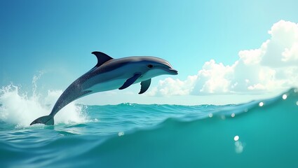 A dolphin jumping out of the ocean waves into the air under a clear blue sky with clouds in the background viewed from the side