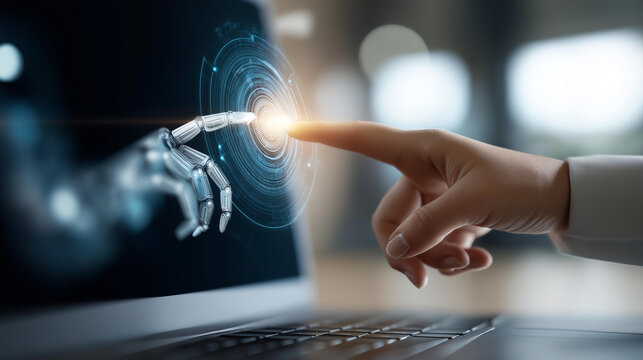 Close-up of faceless hand interacting with AI workflow on laptop screen, artificial intelligence process concept, machine learning pipeline, data analysis automation, with copy space - Powered by Adobe