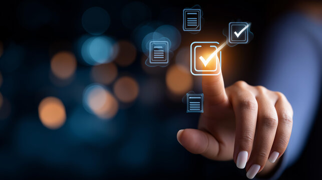 Faceless hand selecting digital approval check mark, checklist and document icons on screen, business process concept, workflow management, authorization and online approval, with copy space