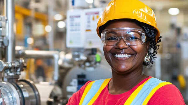 Confident factory worker wearing safety gear beside clean machinery promoting ethical labor standards