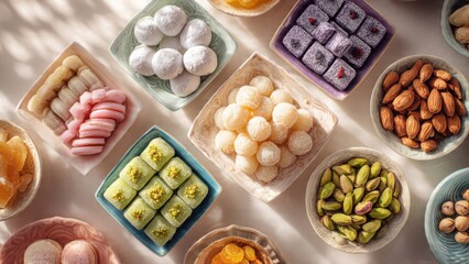 Assortment of traditional middle eastern sweets and nuts on colorful plates