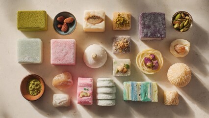Assorted sweets and nuts on a beige surface with shadows pastries desserts
