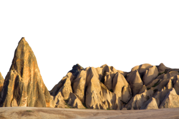 Rock formations in Goreme National Park in Cappadocia, Turkey against white isolated sky