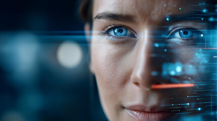 AI-generated deepfake identity concept showing human face replication, digital impersonation risk, cybersecurity concerns in biometric verification and data protection systems, with copy space