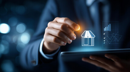 Franchise system concept with digital interface showing store icon, data analytics and checklist, organized business model, retail planning and smart management representation, with copy space