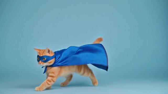 superhero cat, Cute orange tabby kitty with a blue cloak and mask jumping and flying on ligh.