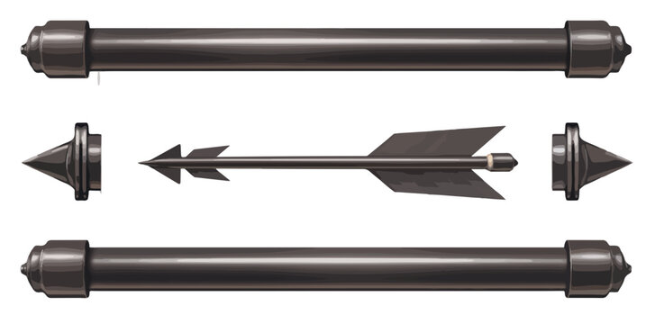 Set di frecce metalliche con punte e aste scure isolate su sfondo trasparente, stile grafico